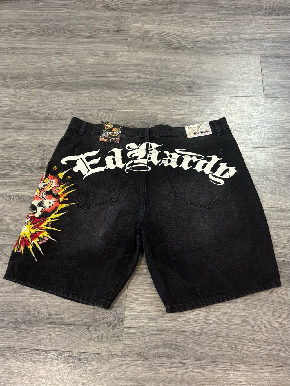 Ed Hardy Black Denim Shorts with White Script and Multicolor Skull